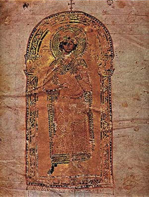 Образ на княз Борис,  прав, с кръст в ръка и с корона с нимб, представен върху златен фон.